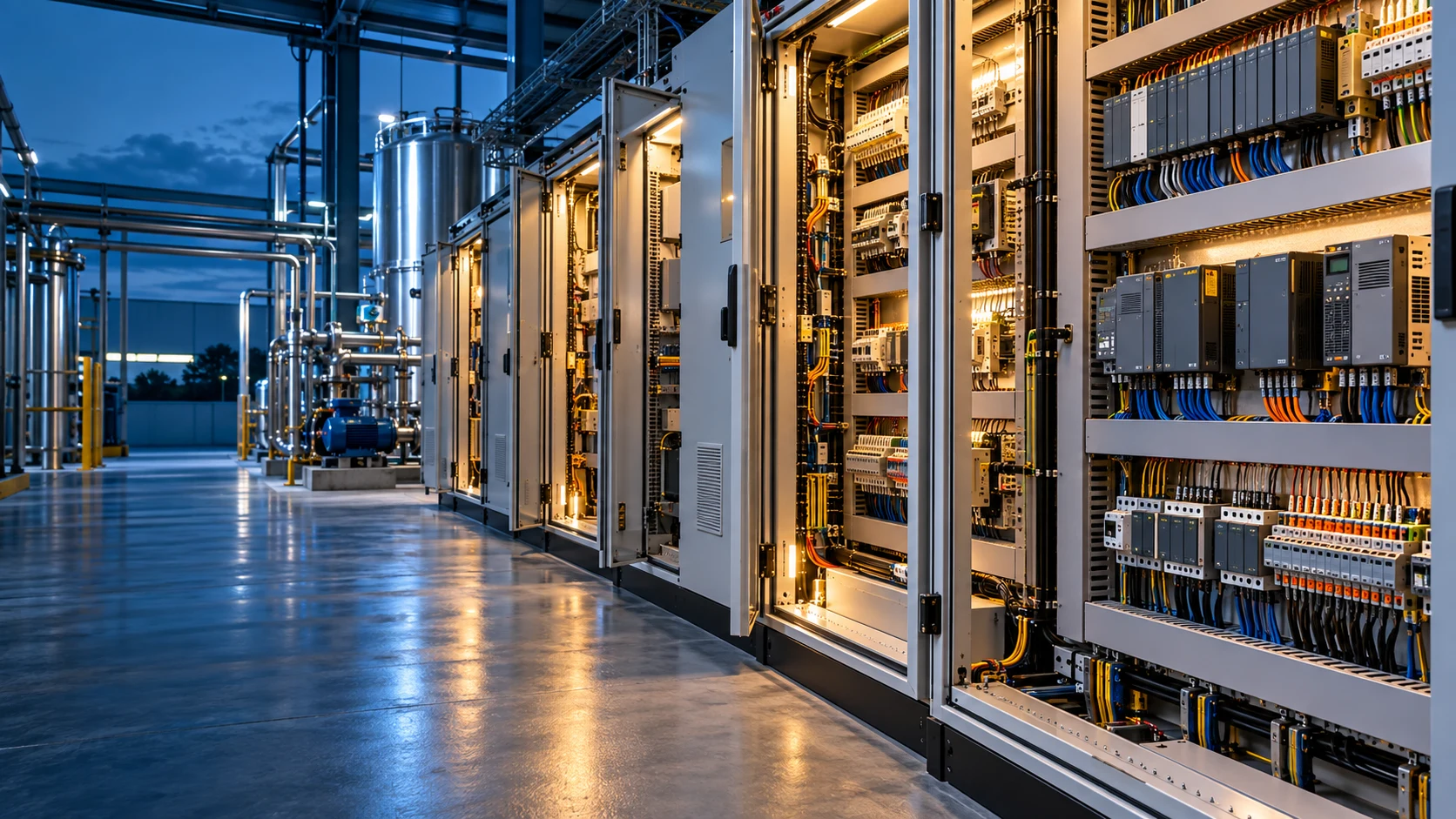 Illustration of integrated electrical control cabinets in an industrial facility
